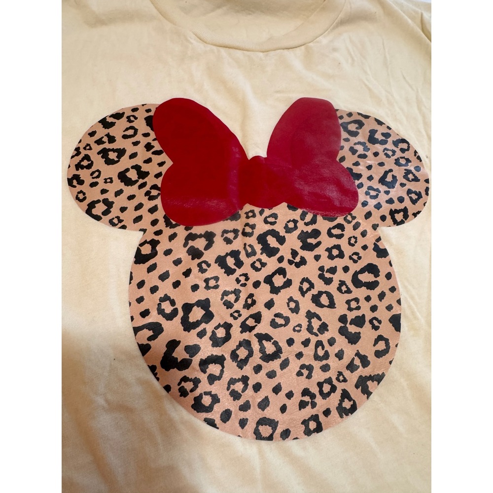 Disney Minnie Mouse Leopard Print Graphic T-Shirt Cream Red Bow Womens XL